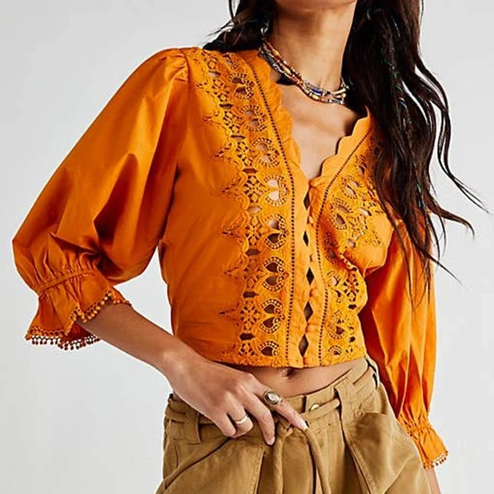 Free People Louella Embroidered Blouse Orange Puffed Sleeve NWT Size M